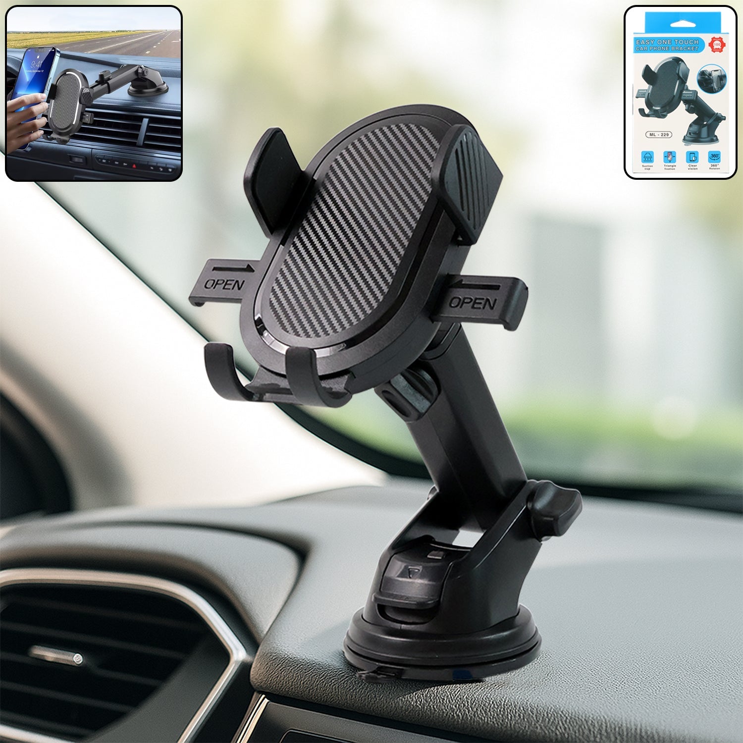 Dashboard car phone mount featuring strong suction base for secure hold