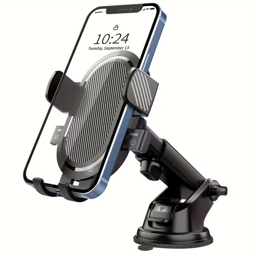 Adjustable phone holder with extendable arm and 360-degree rotation