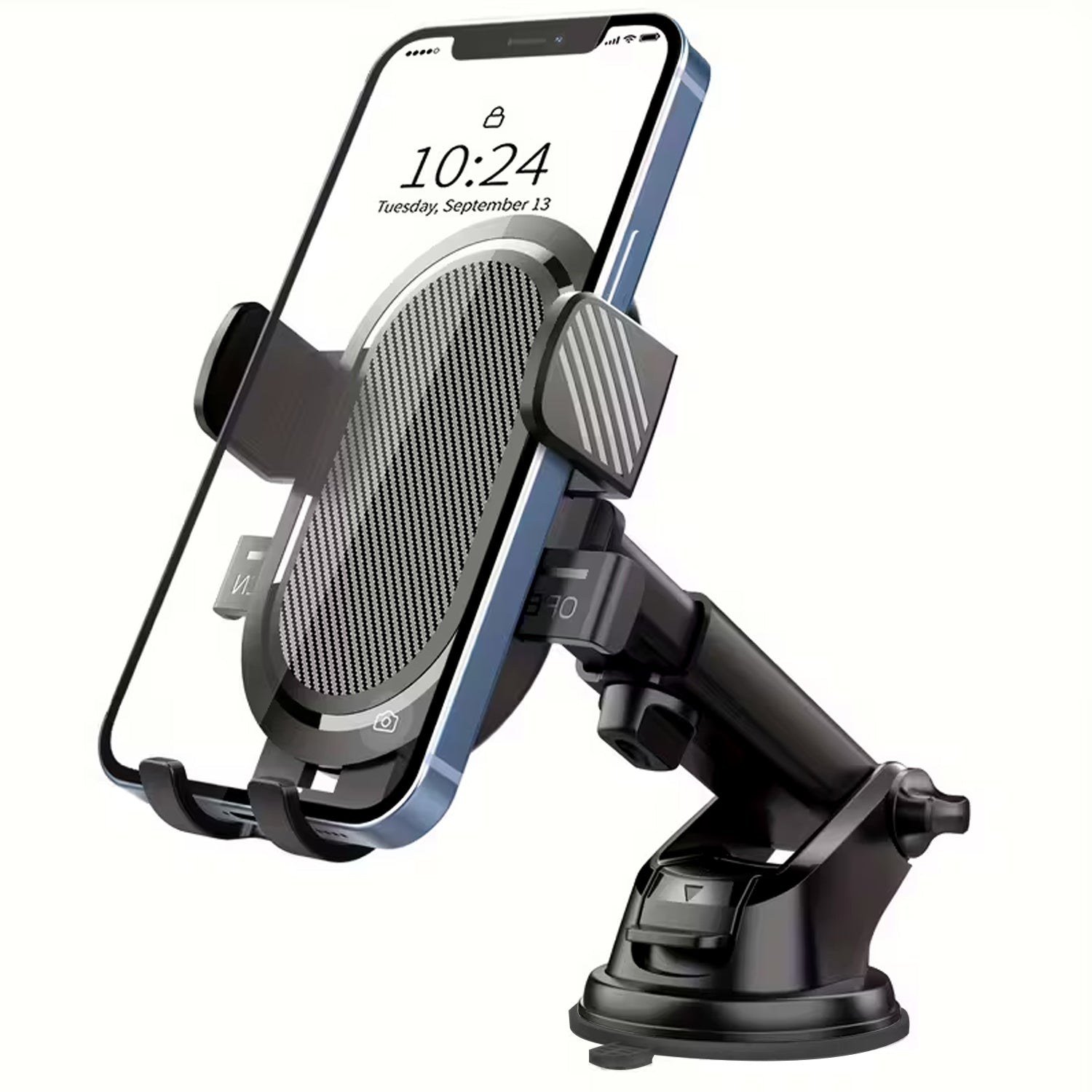 Adjustable phone holder with extendable arm and 360-degree rotation