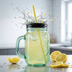Stylish Mason Jar Drinking Cup with ergonomic handle and eco-friendly straw, perfect for any beverage.