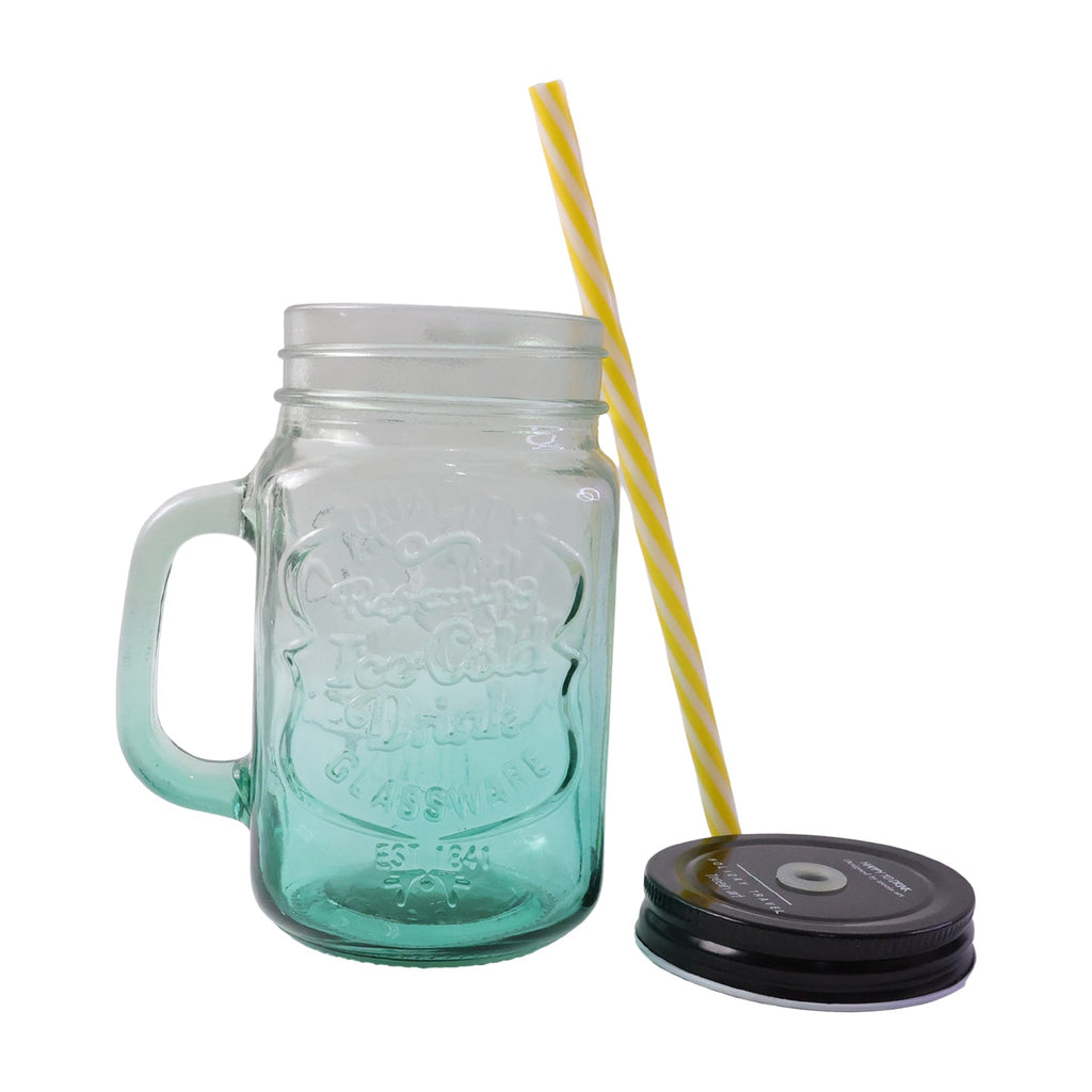 Transparent Mason Jar with Handle highlighting its thick, high-quality glass construction.