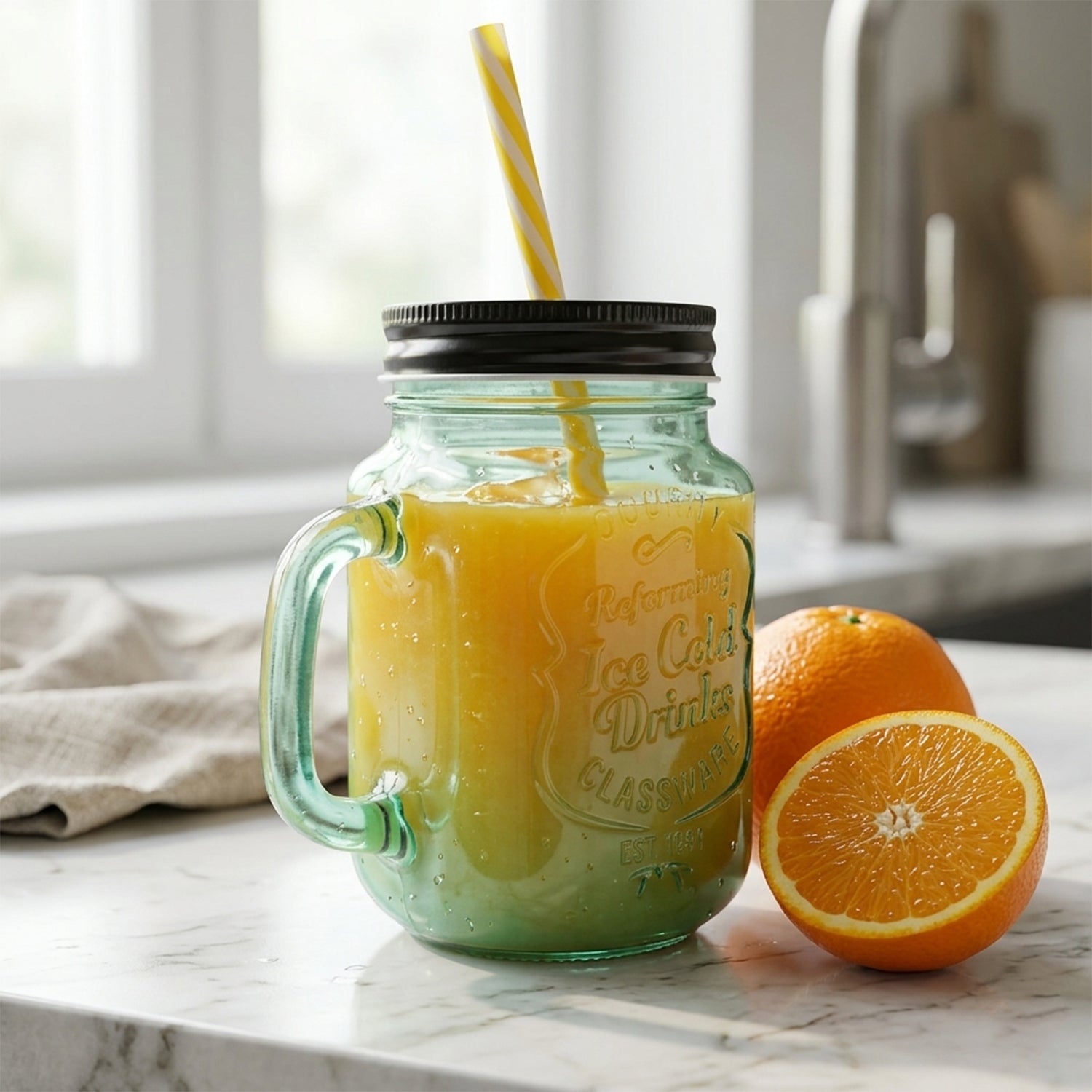 Single Mason Jar with Handle and straw on a clean white background, ideal for product display.