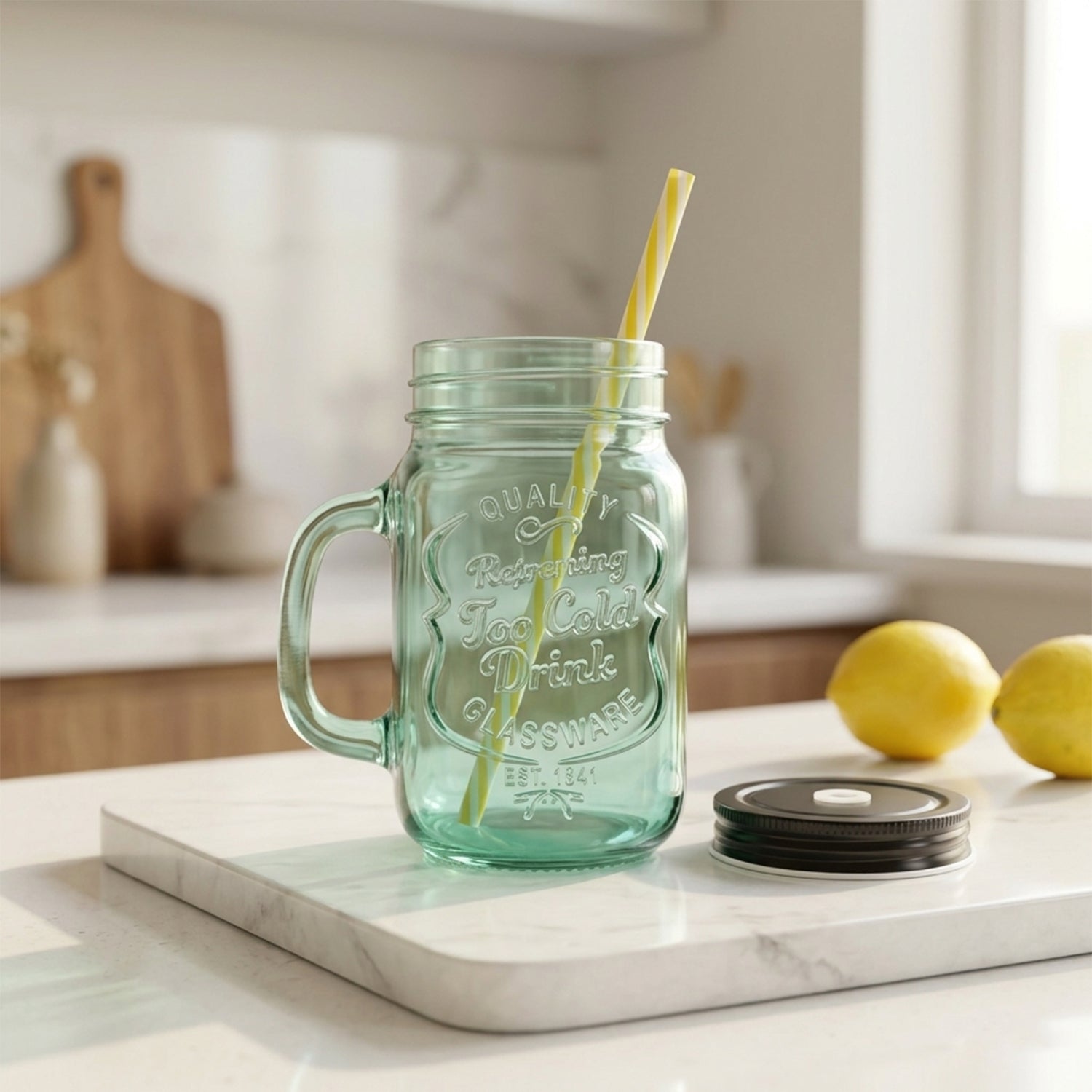 Angled view of the sturdy Mason Jar with Handle, showcasing its comfortable grip.