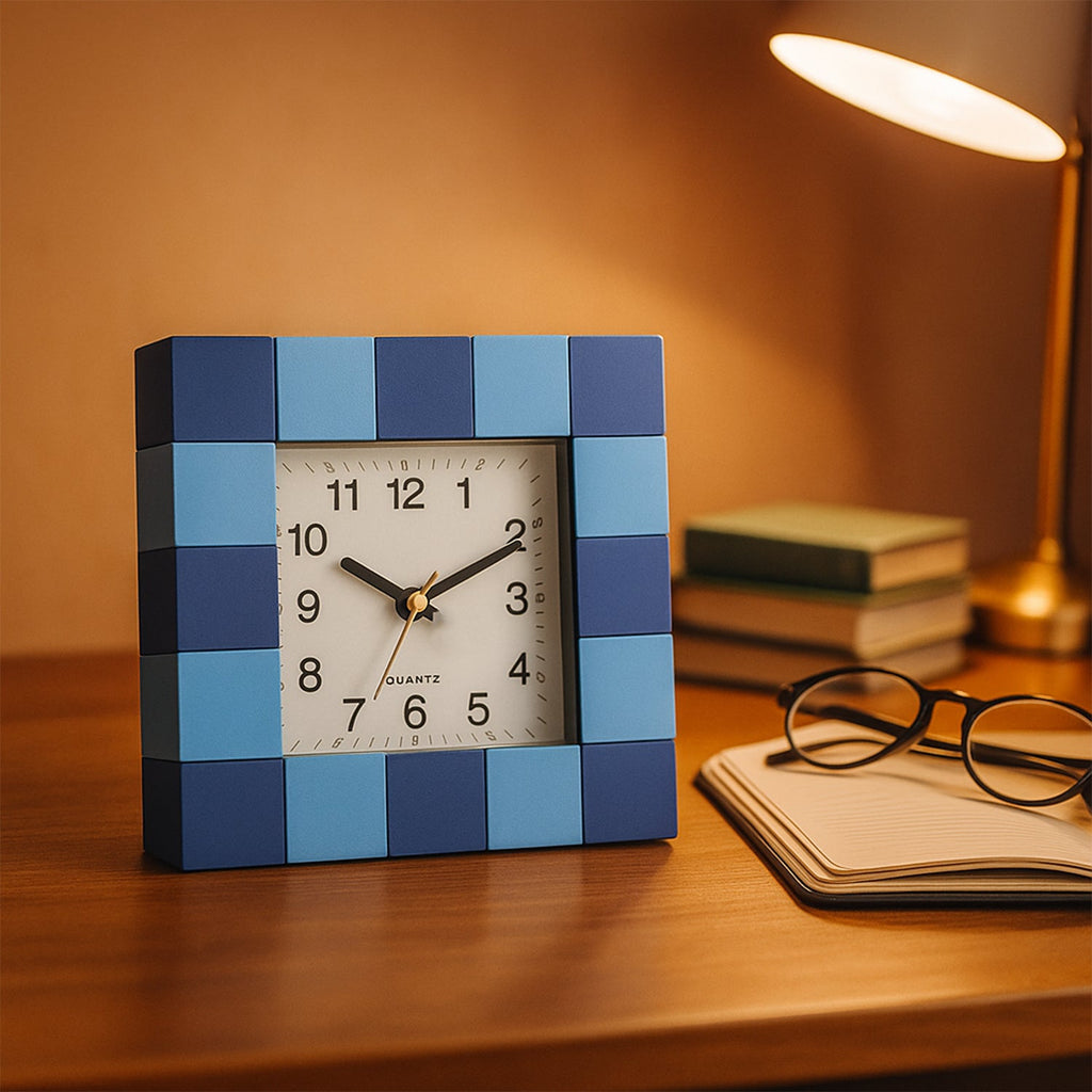Front view of the minimalist square table clock with easy-to-read numerals.