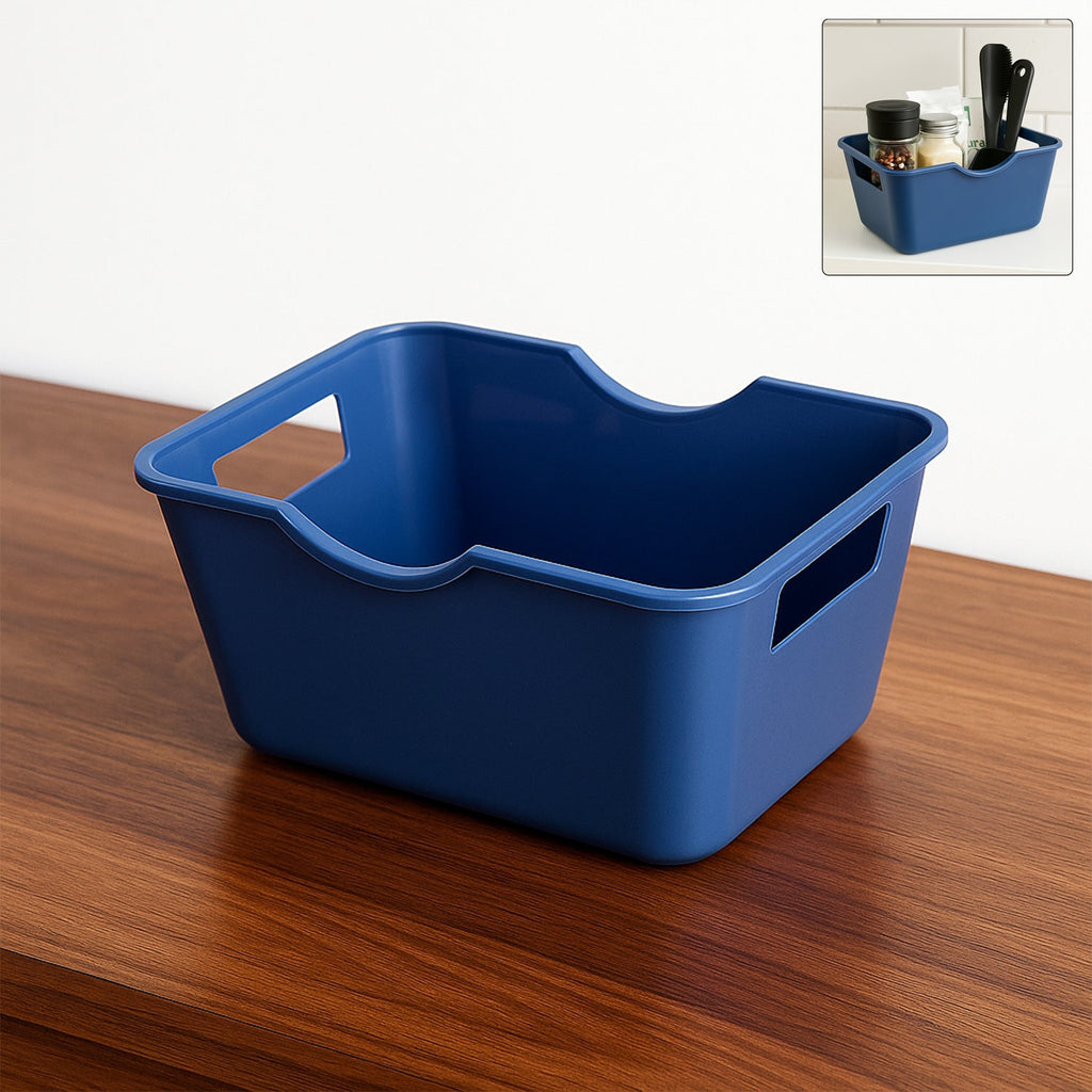 Compact storage basket organizer with handles on kitchen counter