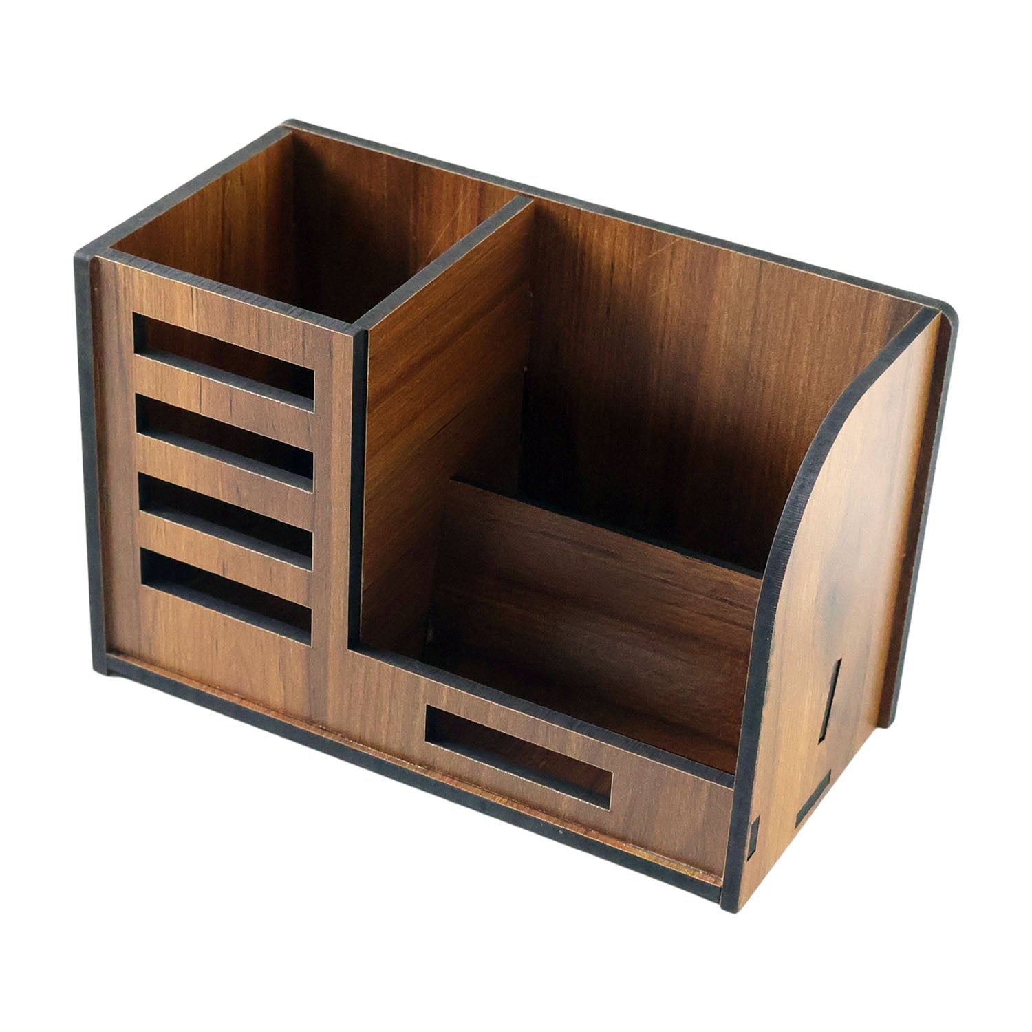 Multi compartment wooden desk storage box for pens and cards