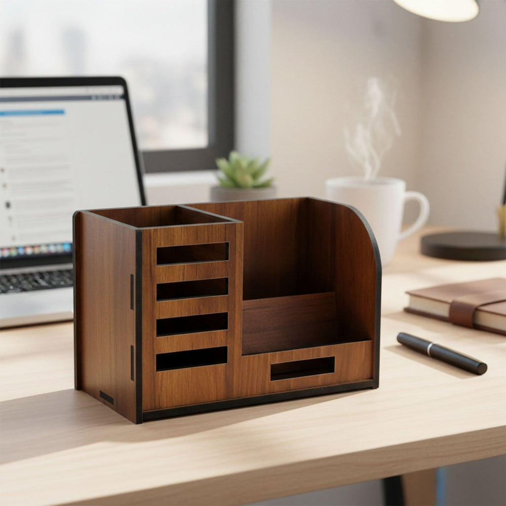 Wooden pen stand with separate sections for office accessories