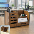 Wooden desk organizer with multiple compartments including pen holder and phone stand