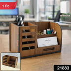 Wooden office table organizer holding stationery and phone