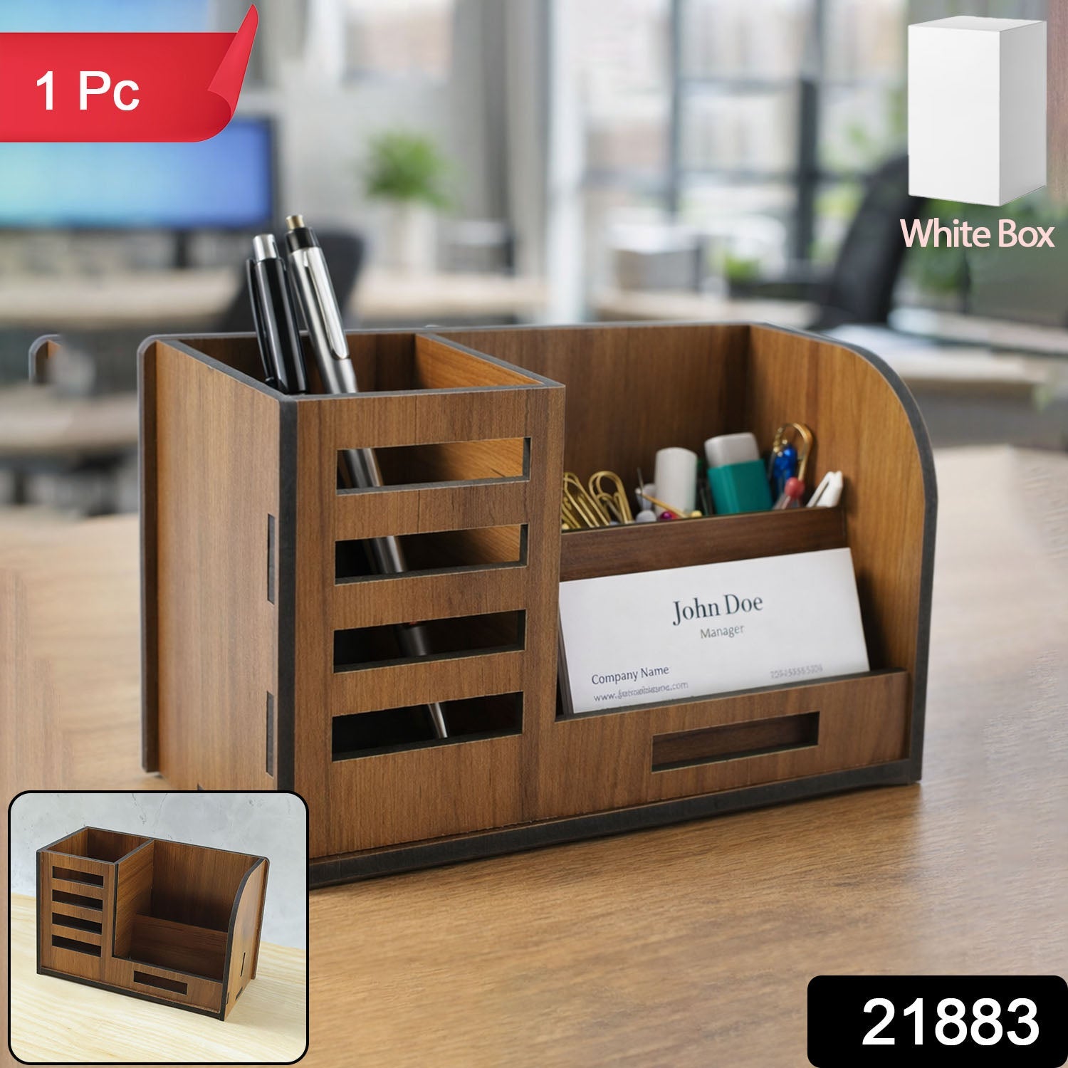 Wooden office table organizer holding stationery and phone