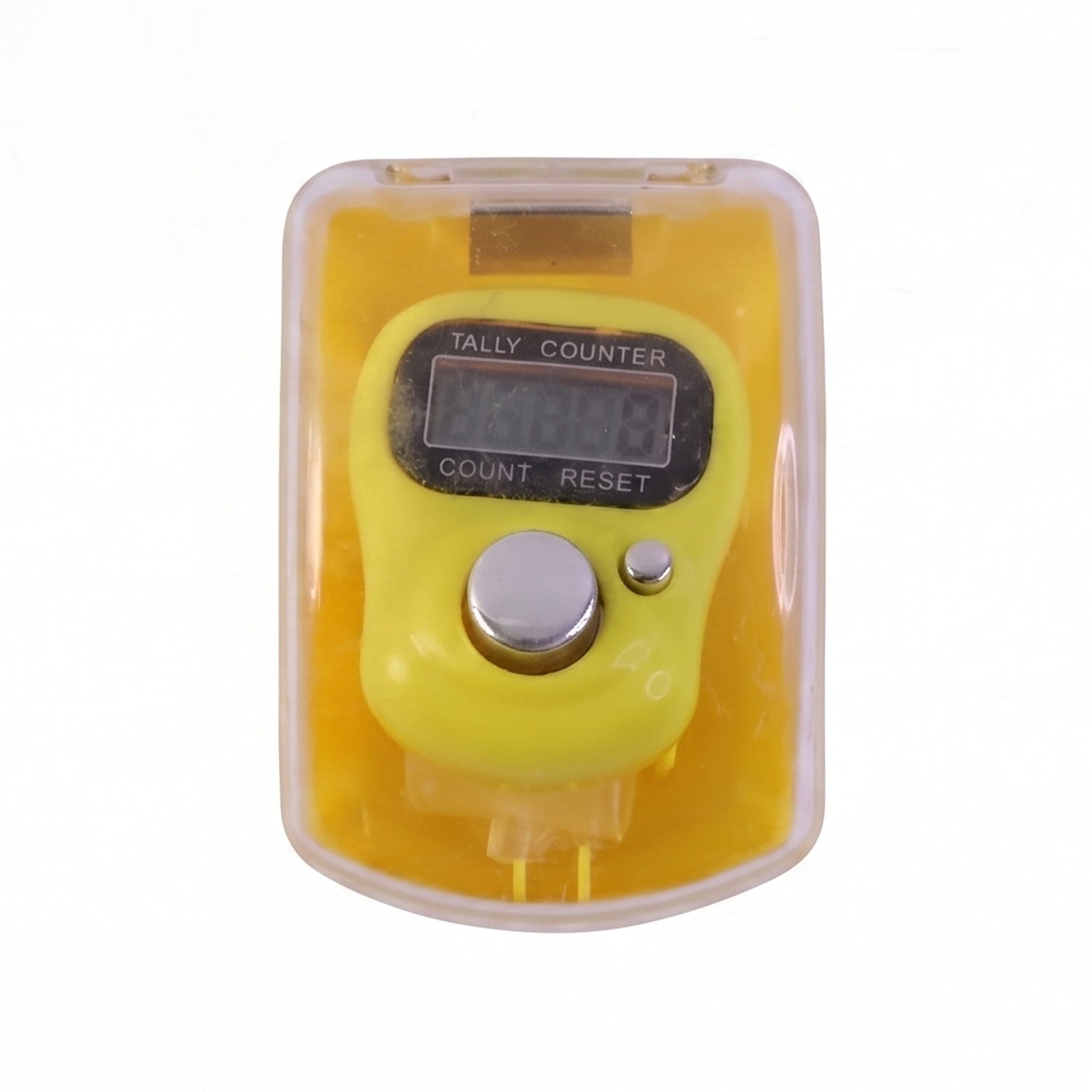 Close-up of digital finger tally counter button and screen during use