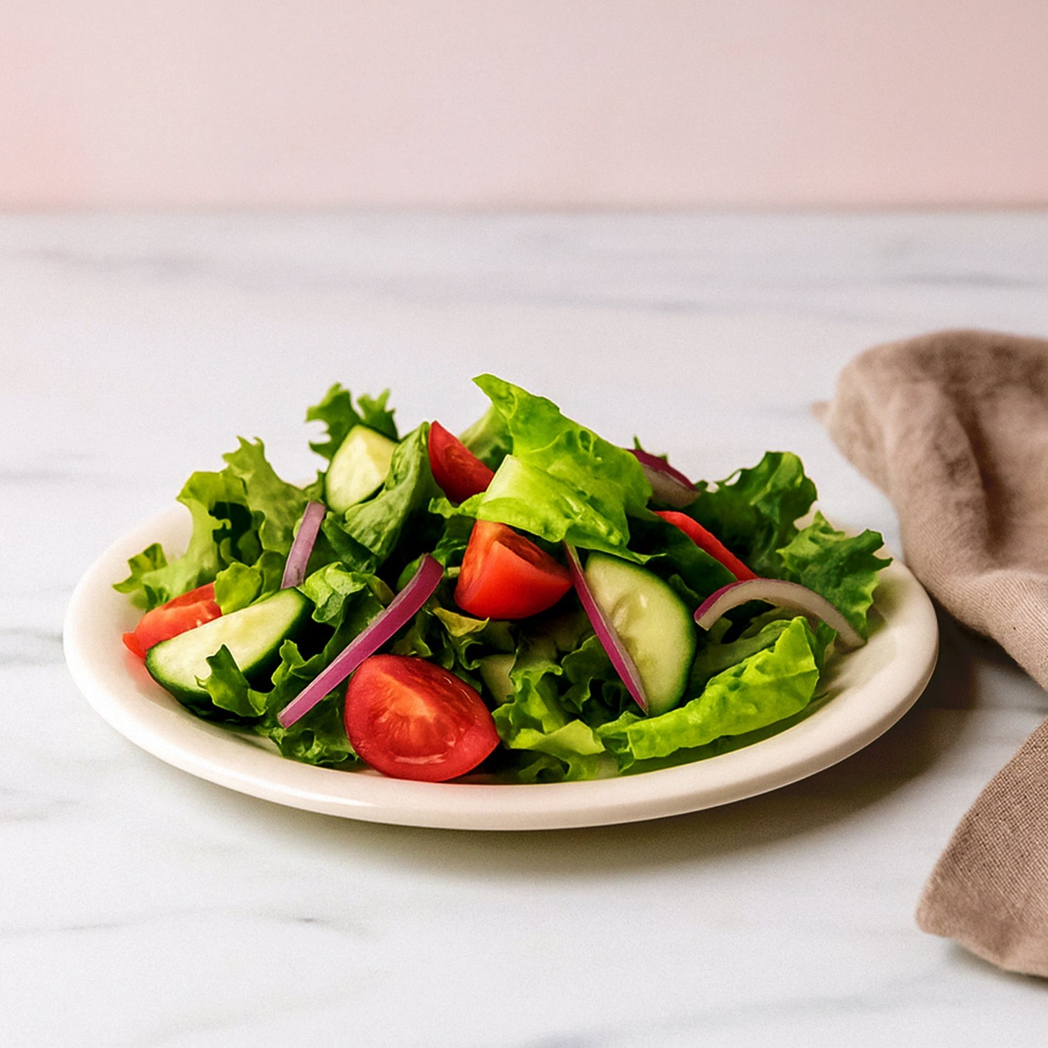 Break-resistant plastic round dinner plate with raised rim for neat plating