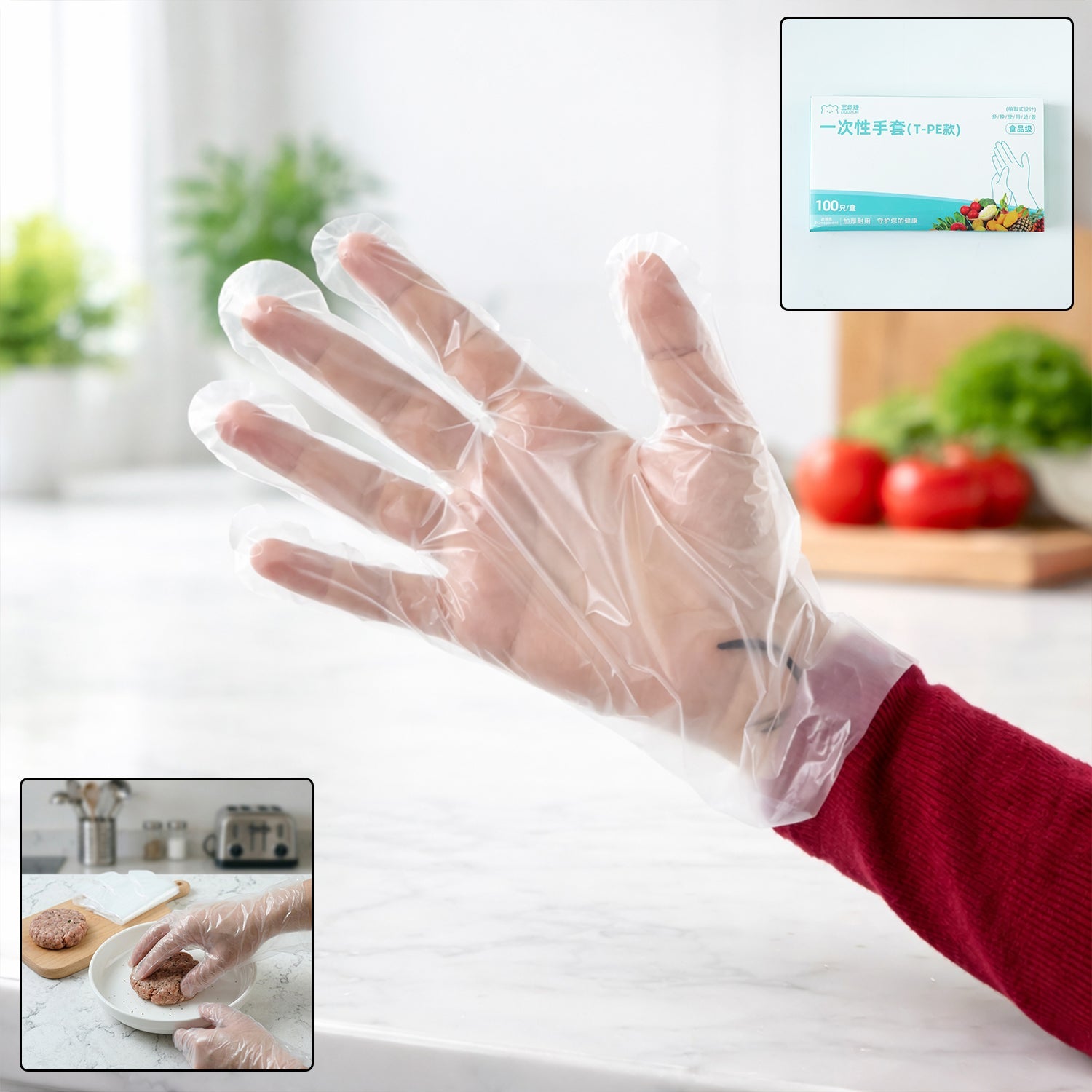 Transparent disposable plastic hand gloves for food and cleaning tasks
