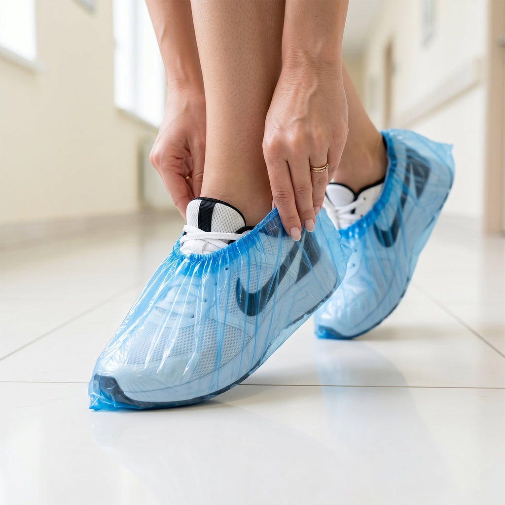 Plastic shoe covers protecting footwear