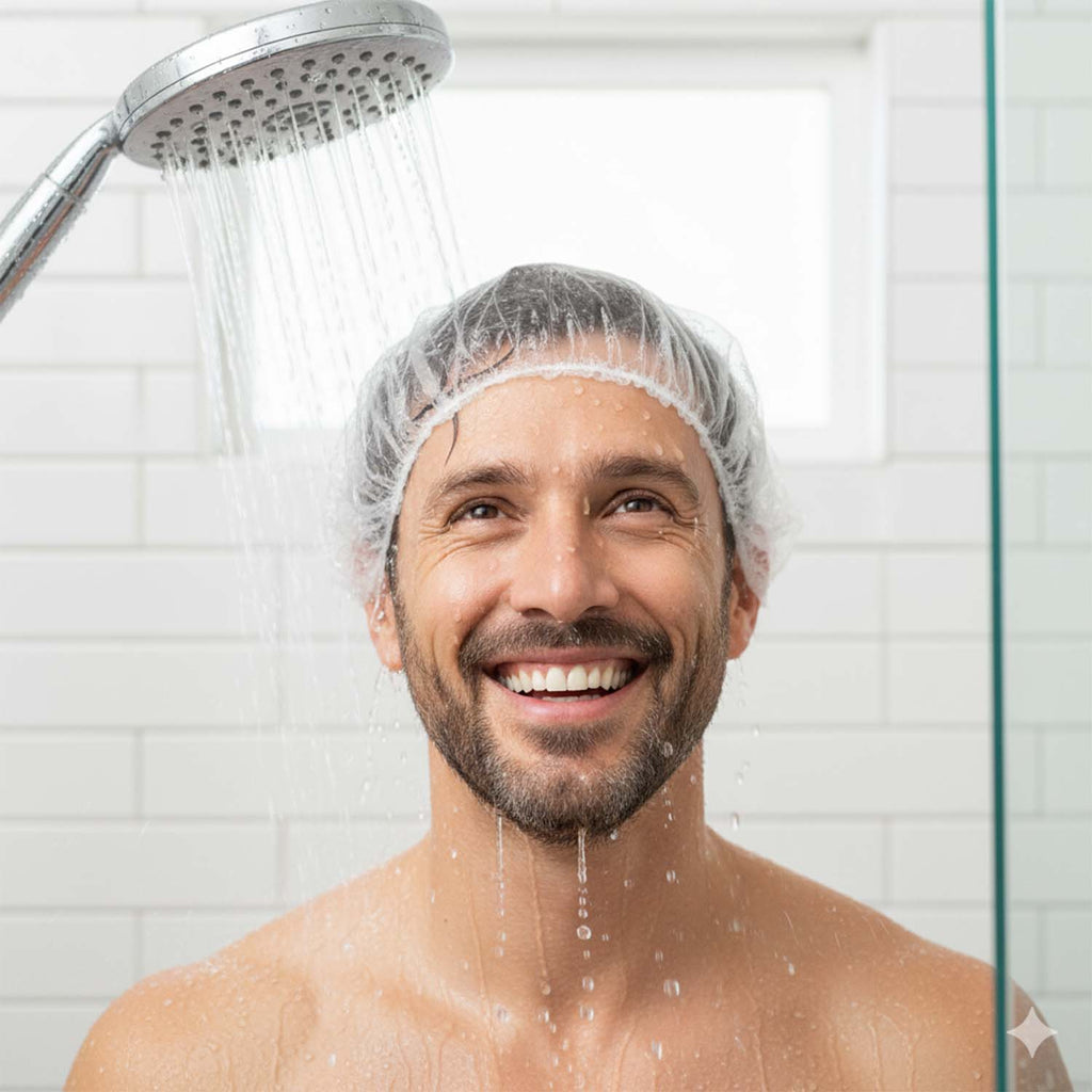 Disposable men's bath cap designed for waterproof hair protection