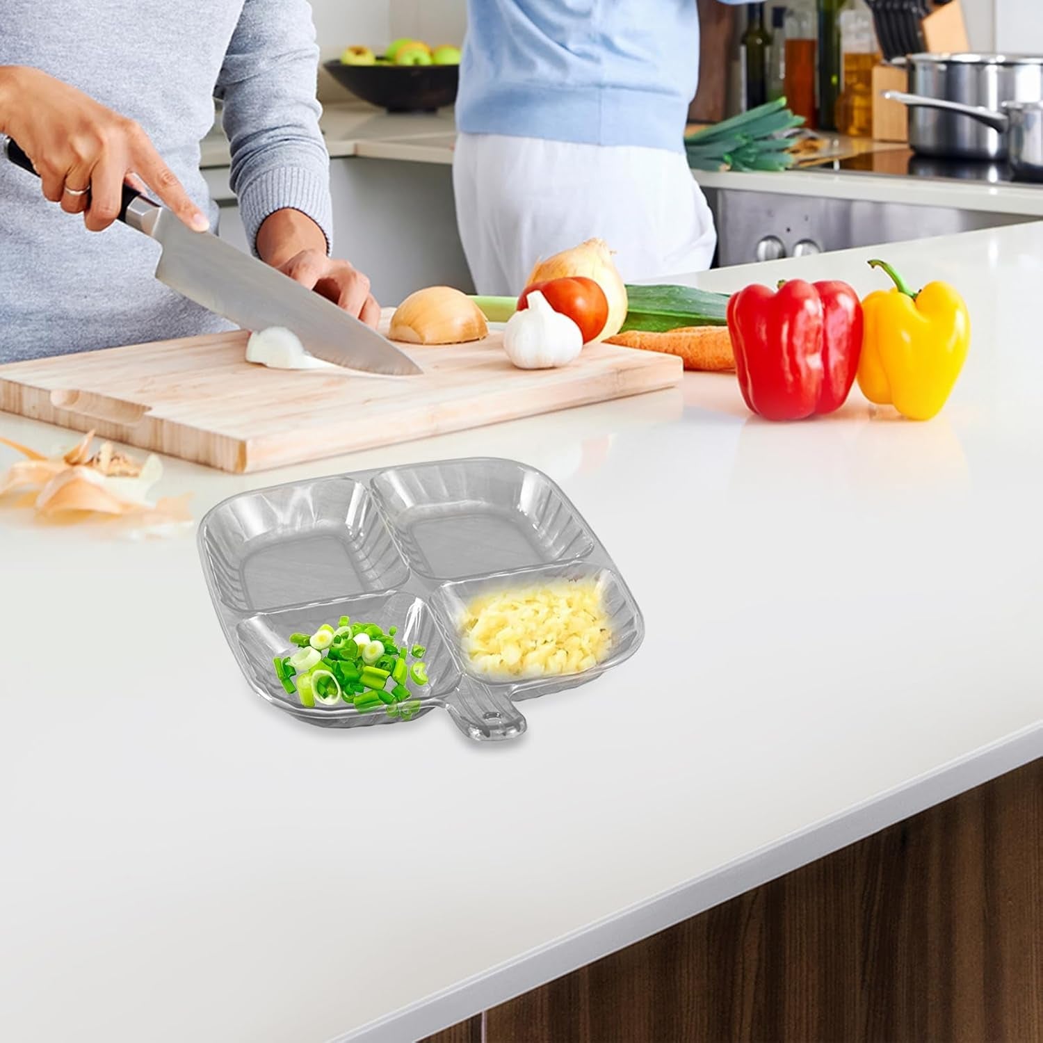 Durable plastic kitchen tray featuring four separate compartments