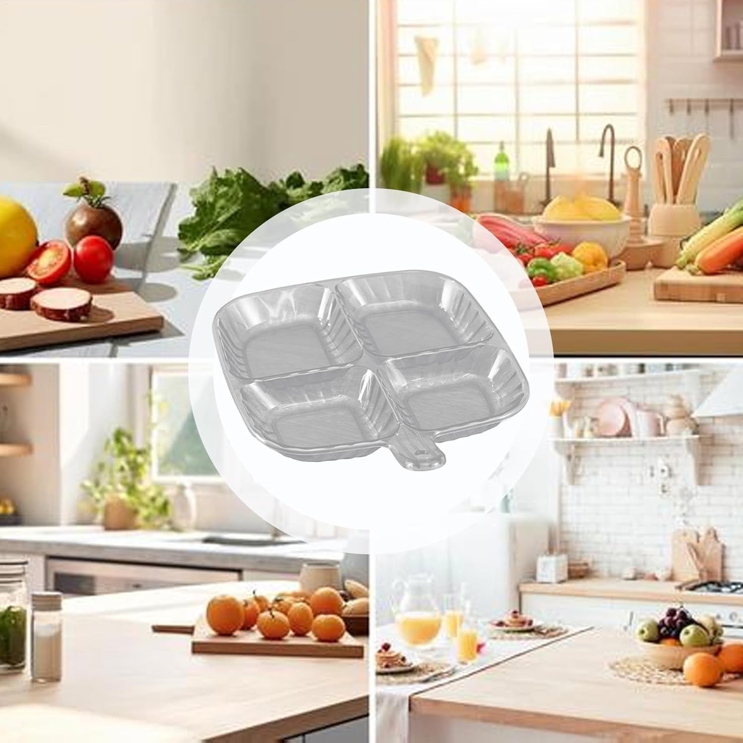 Angled view of clear plastic 4-section serving tray