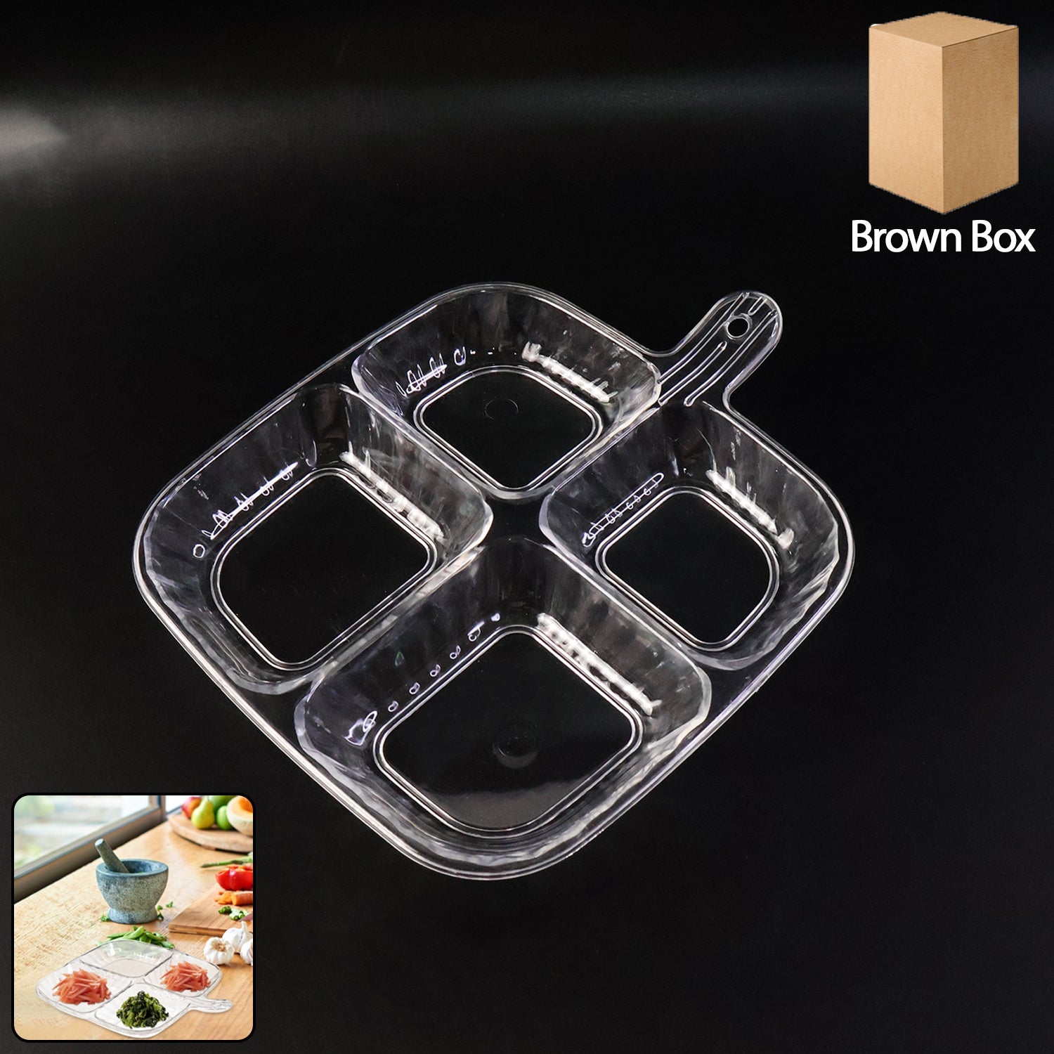 Front view of plastic 4-compartment serving tray showing clear sections