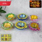 Set of 6 hand-painted multicolor clay diyas for festive decoration