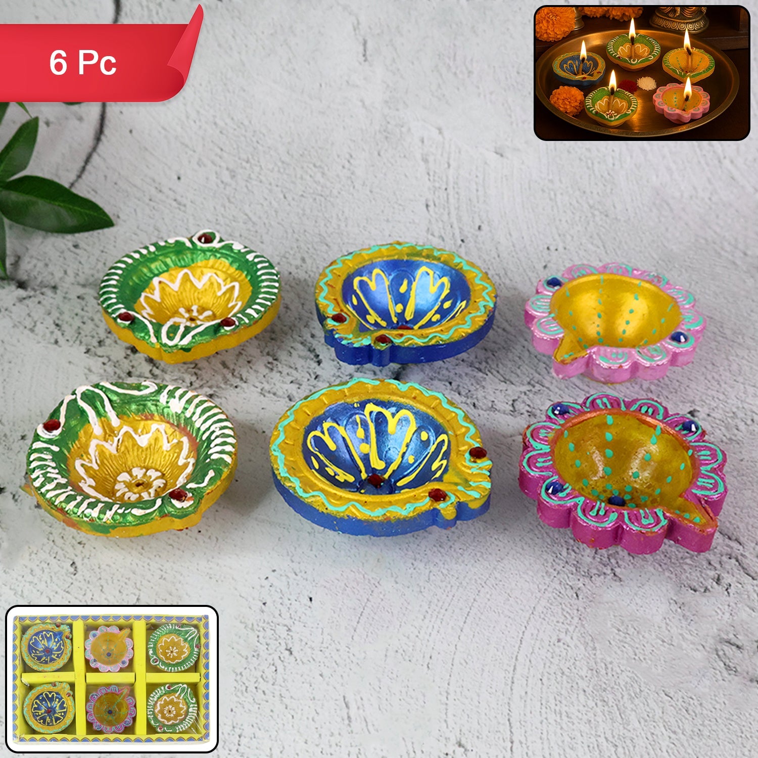 Set of 6 hand-painted multicolor clay diyas for festive decoration