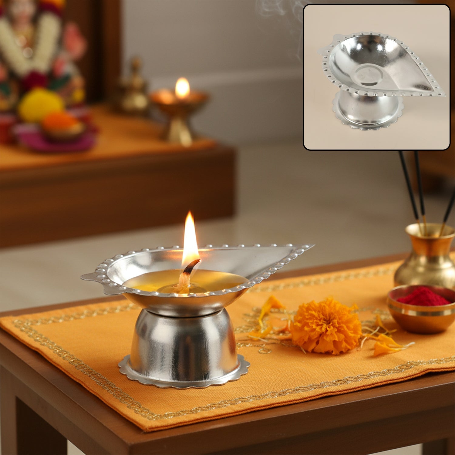 Diamond design stainless steel agarbatti and diya stand for pooja rituals