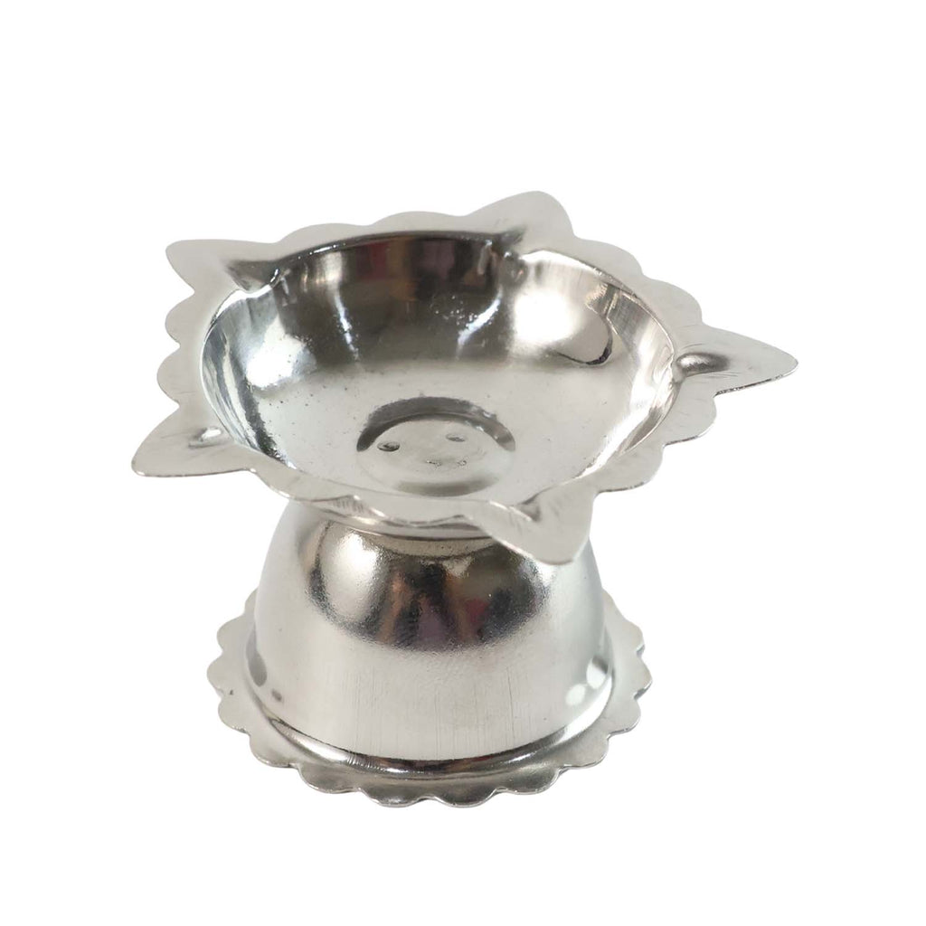 Polished metal sunflower diya stand ideal for daily pooja use