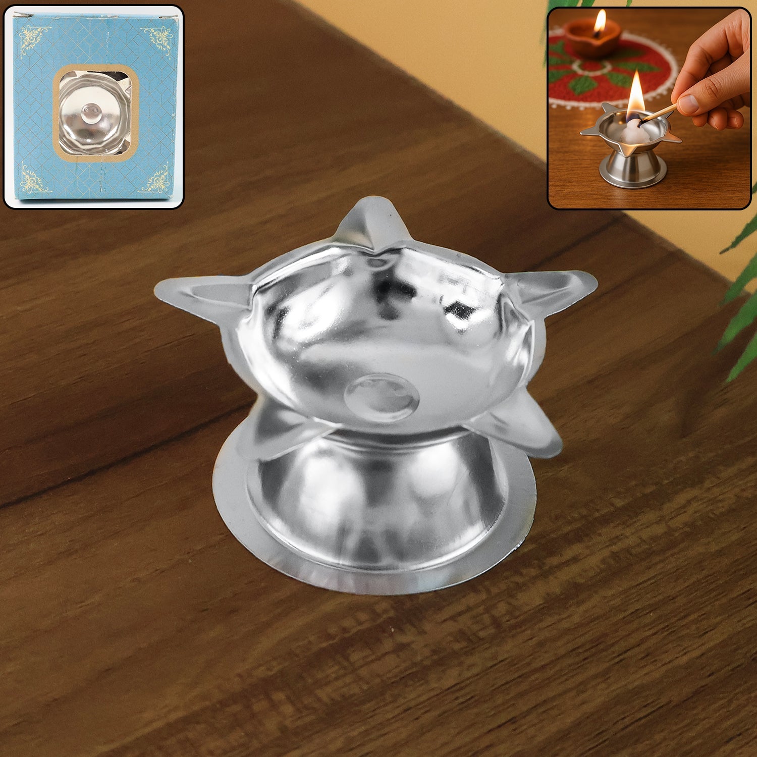Stainless steel lotus design diya with polished finish for traditional puja lighting