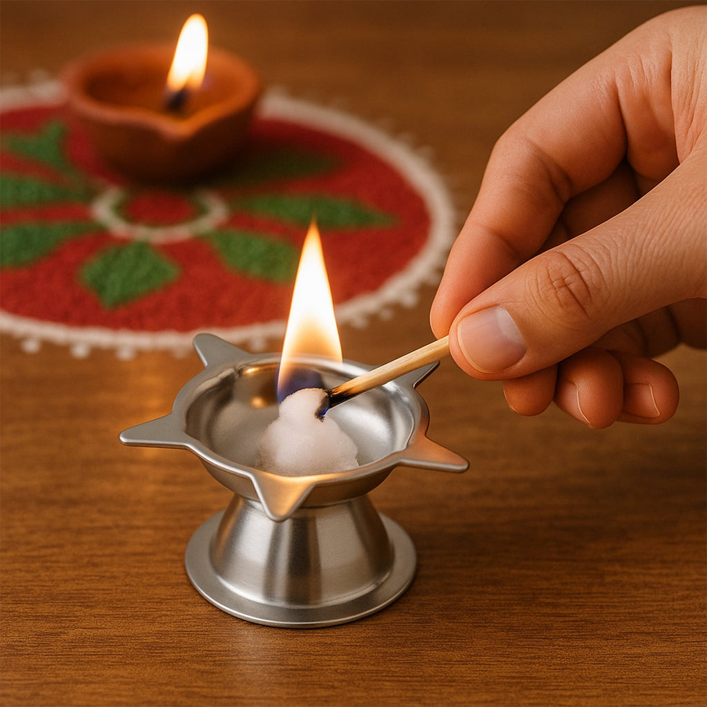 Elegant lotus petal shaped diya in stainless steel for religious ceremonies