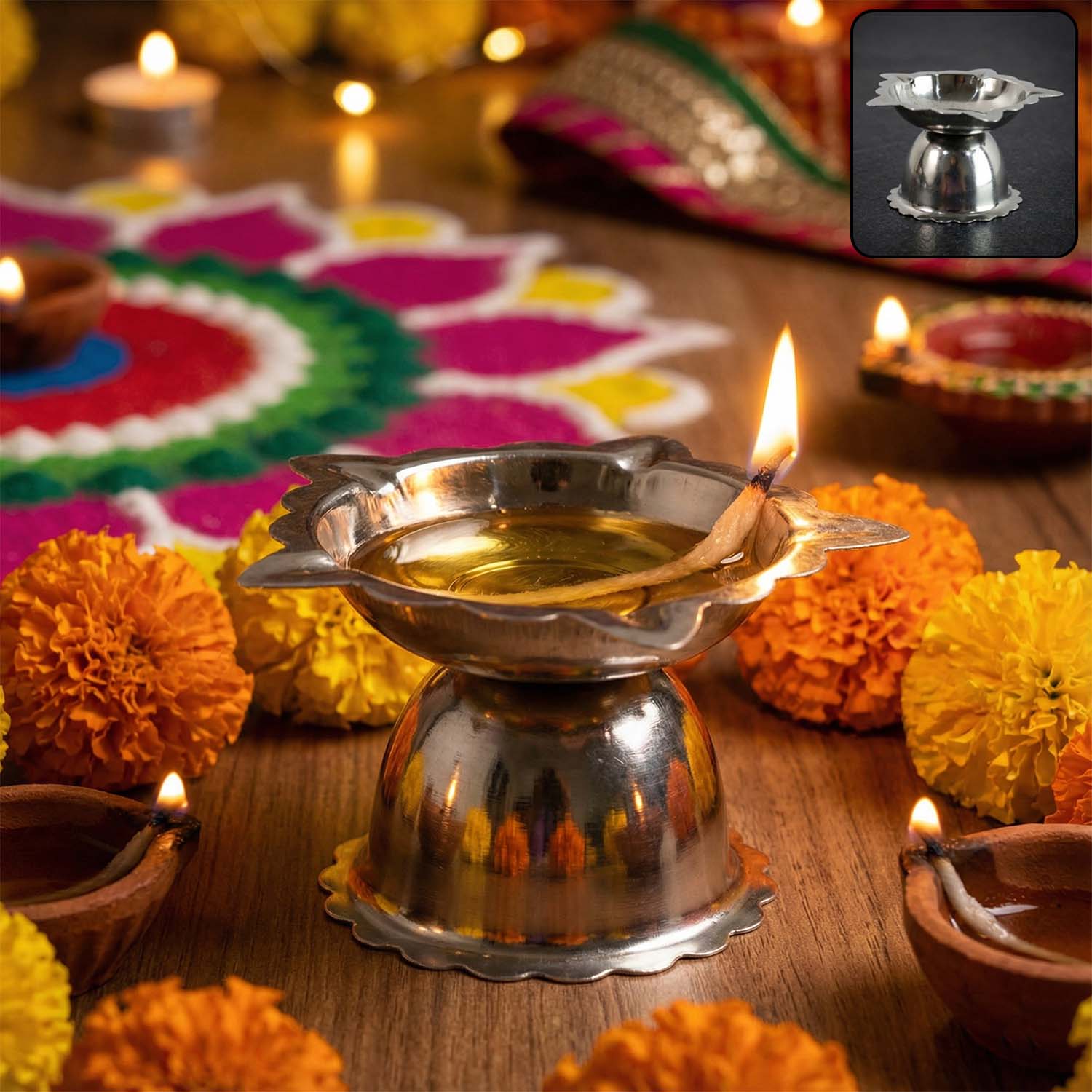 Small sunflower design stainless steel diya stand for pooja and worship