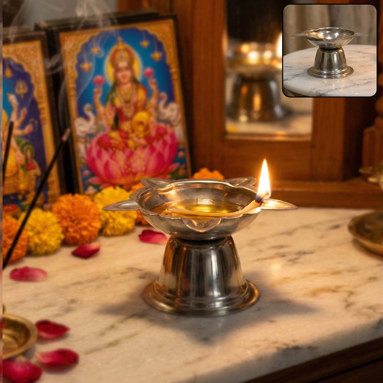 Large stainless steel sunflower diya stand perfect for pooja decor