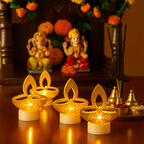Warm LED light from golden diya shaped tealight candle