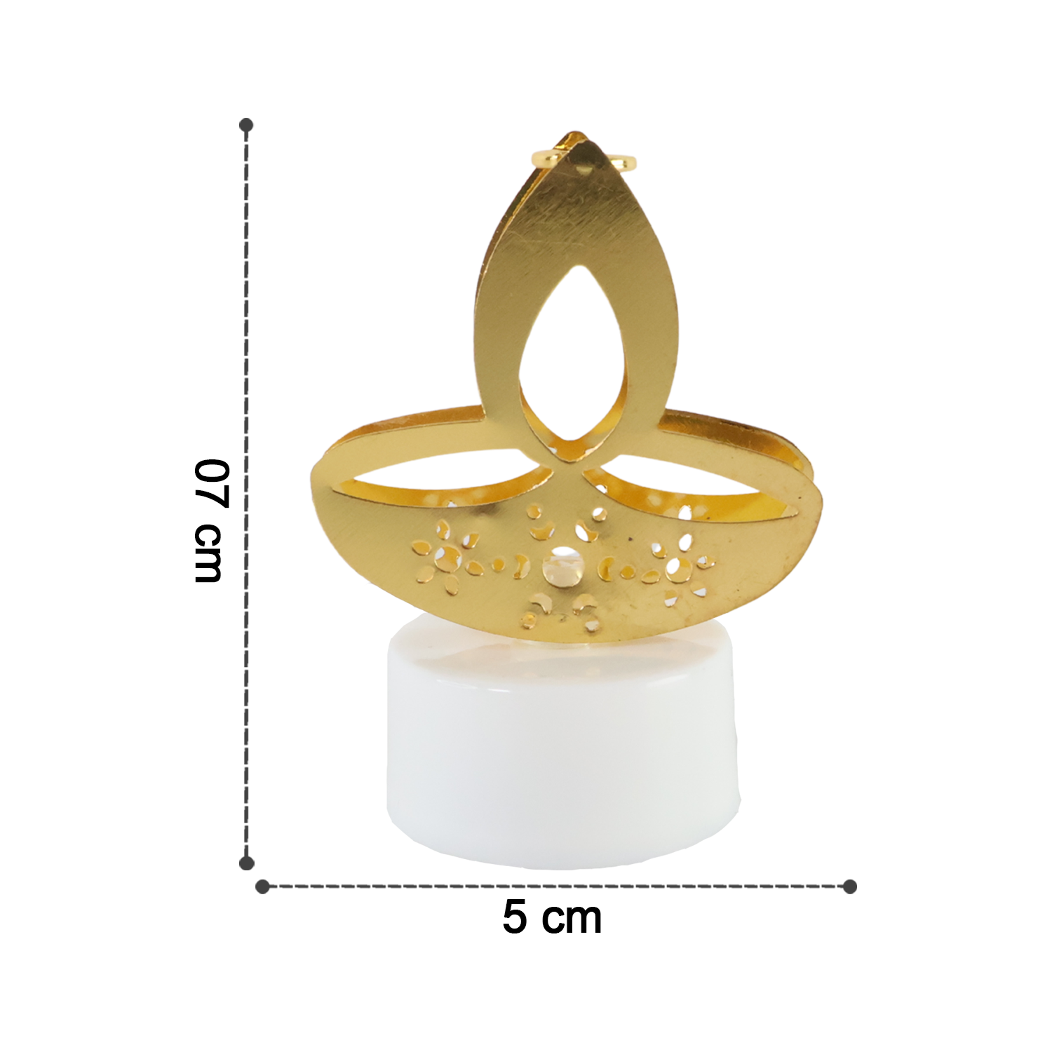 Close-up of golden cut-out diya topper on LED tealight candle