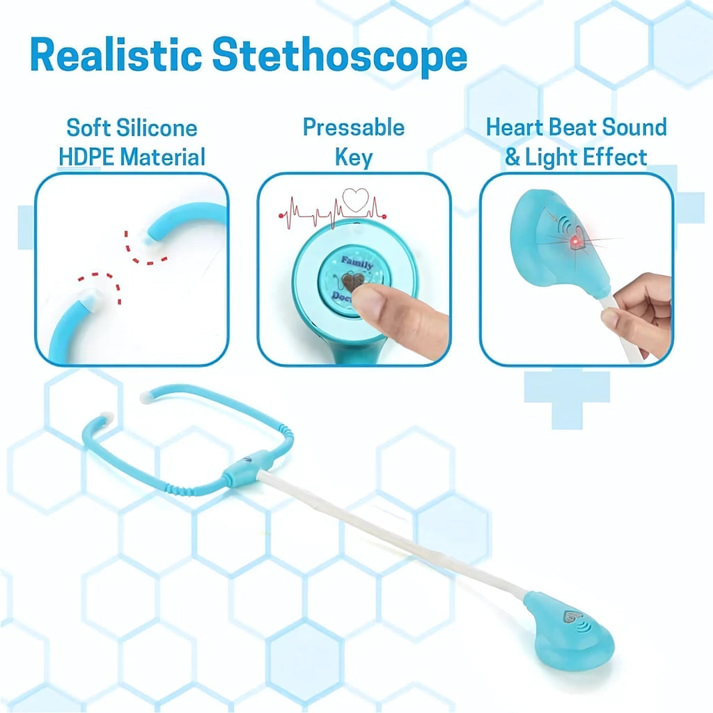 Close-up of plastic stethoscope from Aditi doctor kit toy set