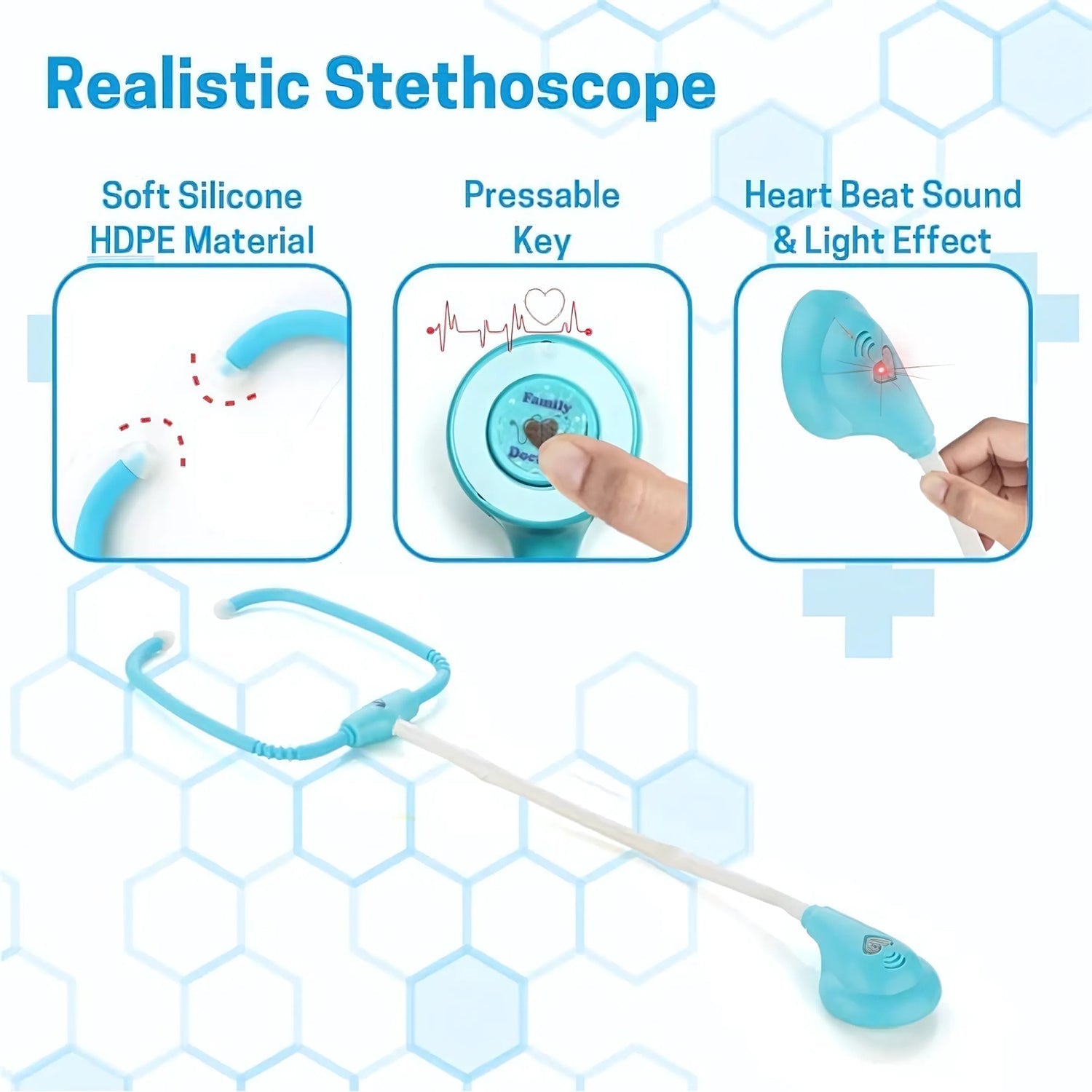 Close-up of plastic stethoscope from Aditi doctor kit toy set