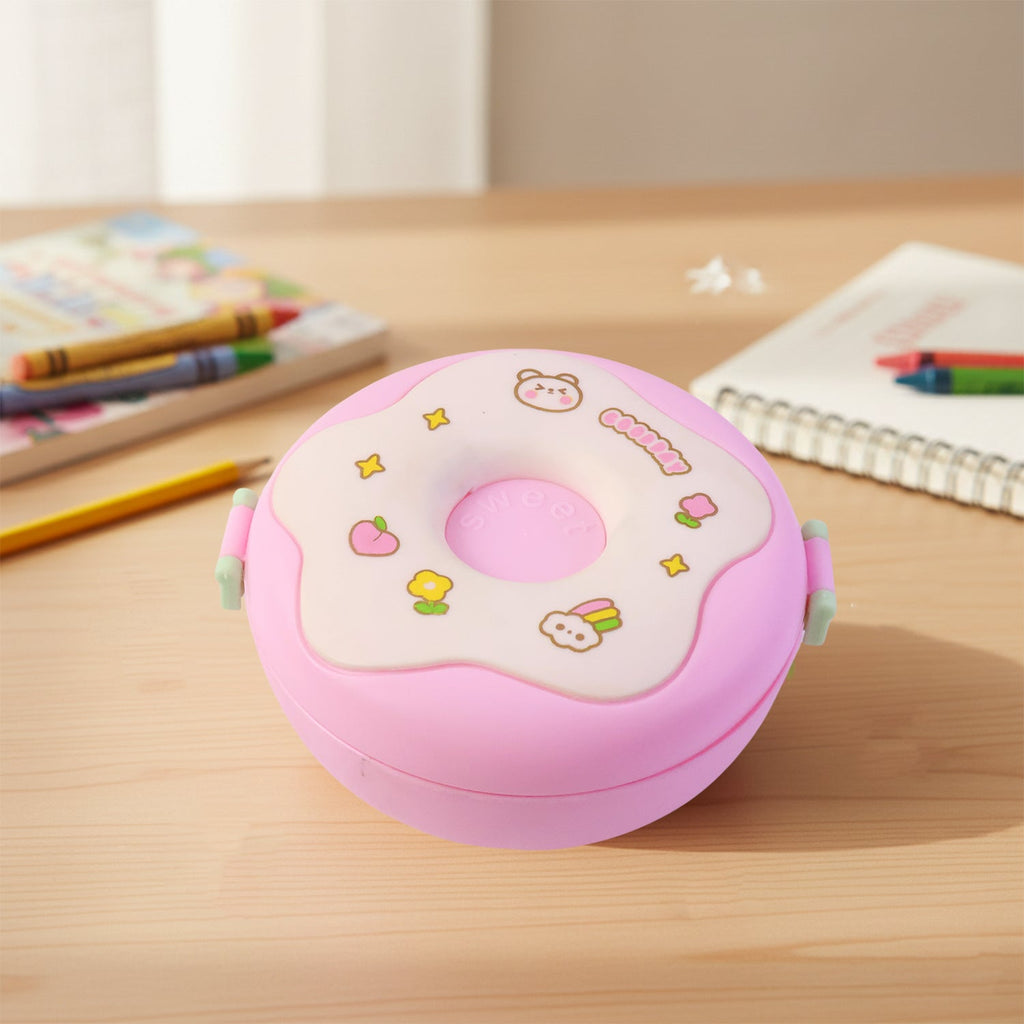Side view of a colorful Donut Lunch Box, highlighting its depth.