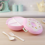 Donut Lunch Box with its lid open, revealing three distinct food compartments.
