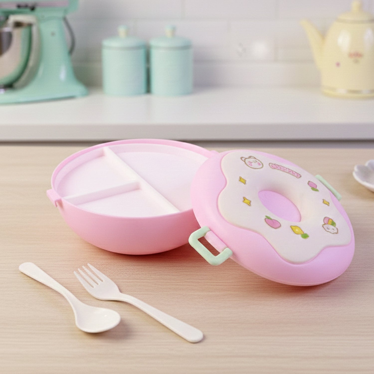 Donut Lunch Box with its lid open, revealing three distinct food compartments.
