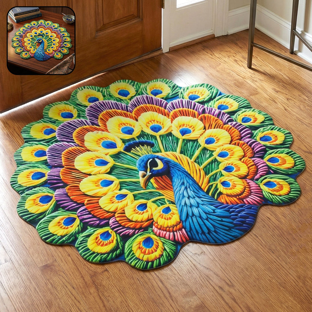 Vibrant peacock printed round floor mat for living room and entryways