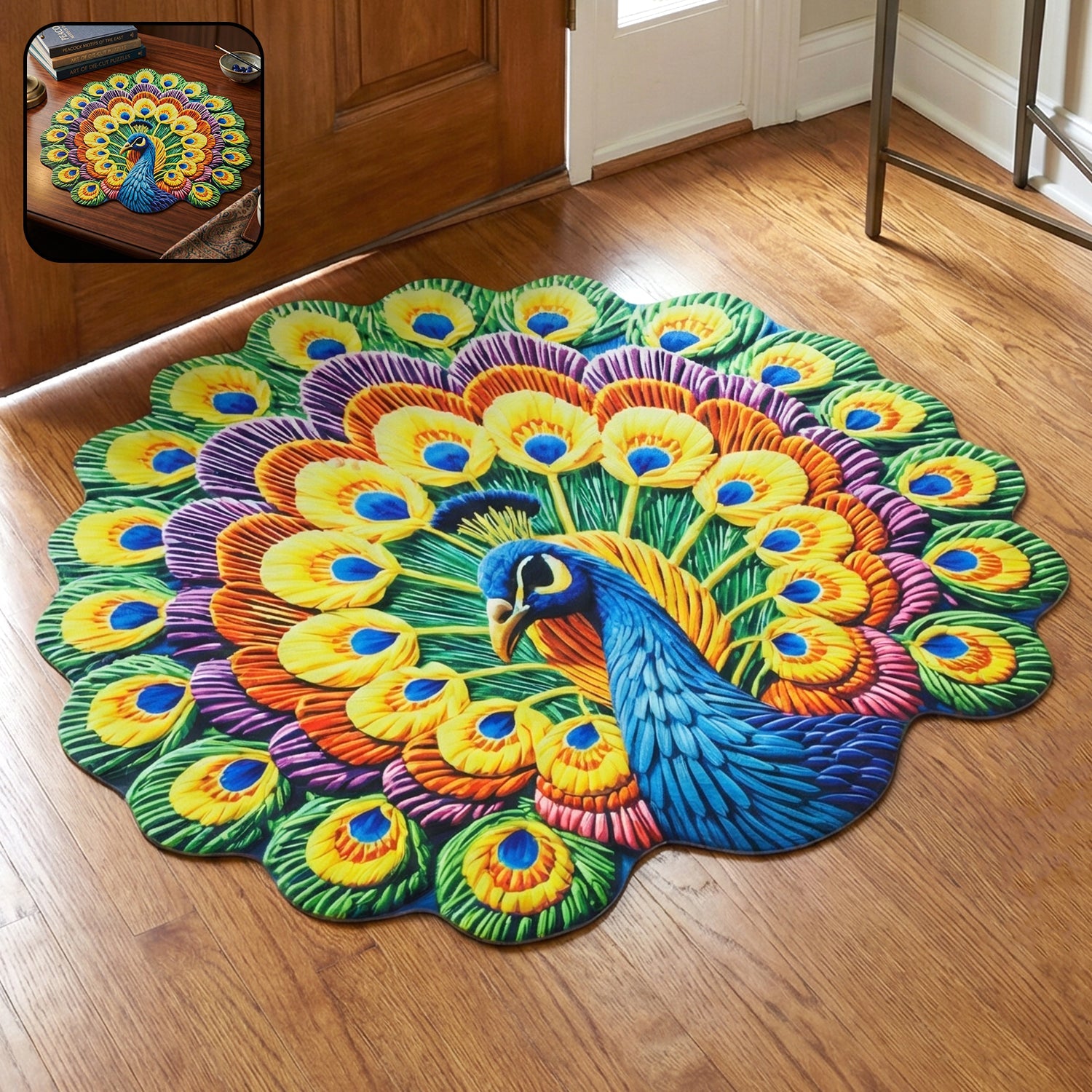 Vibrant peacock printed round floor mat for living room and entryways