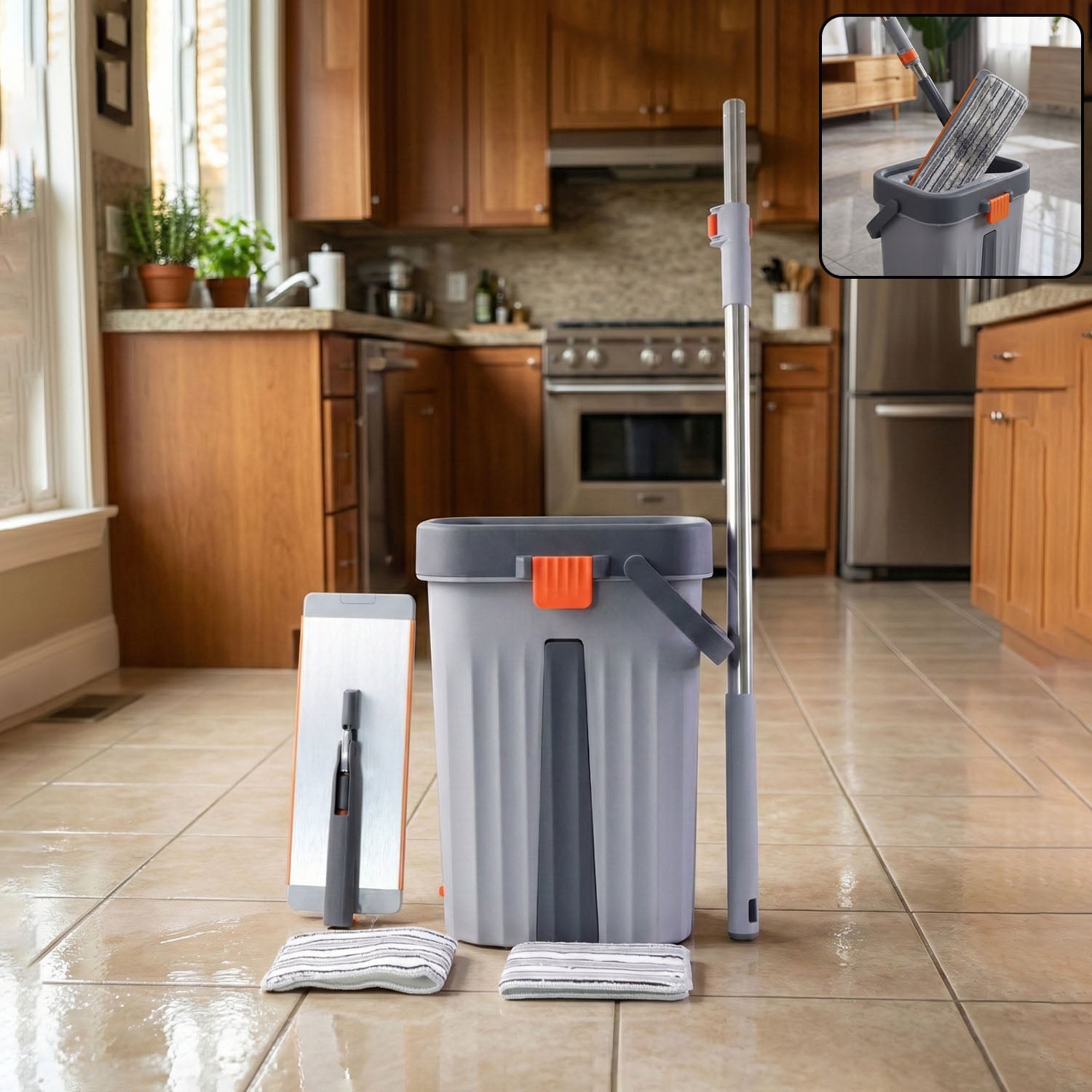 Small flat mop bucket set with easy wringing system for efficient floor cleaning