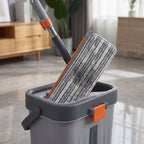 Flat mop featuring long handle ideal for ergonomic, bend-free floor cleaning