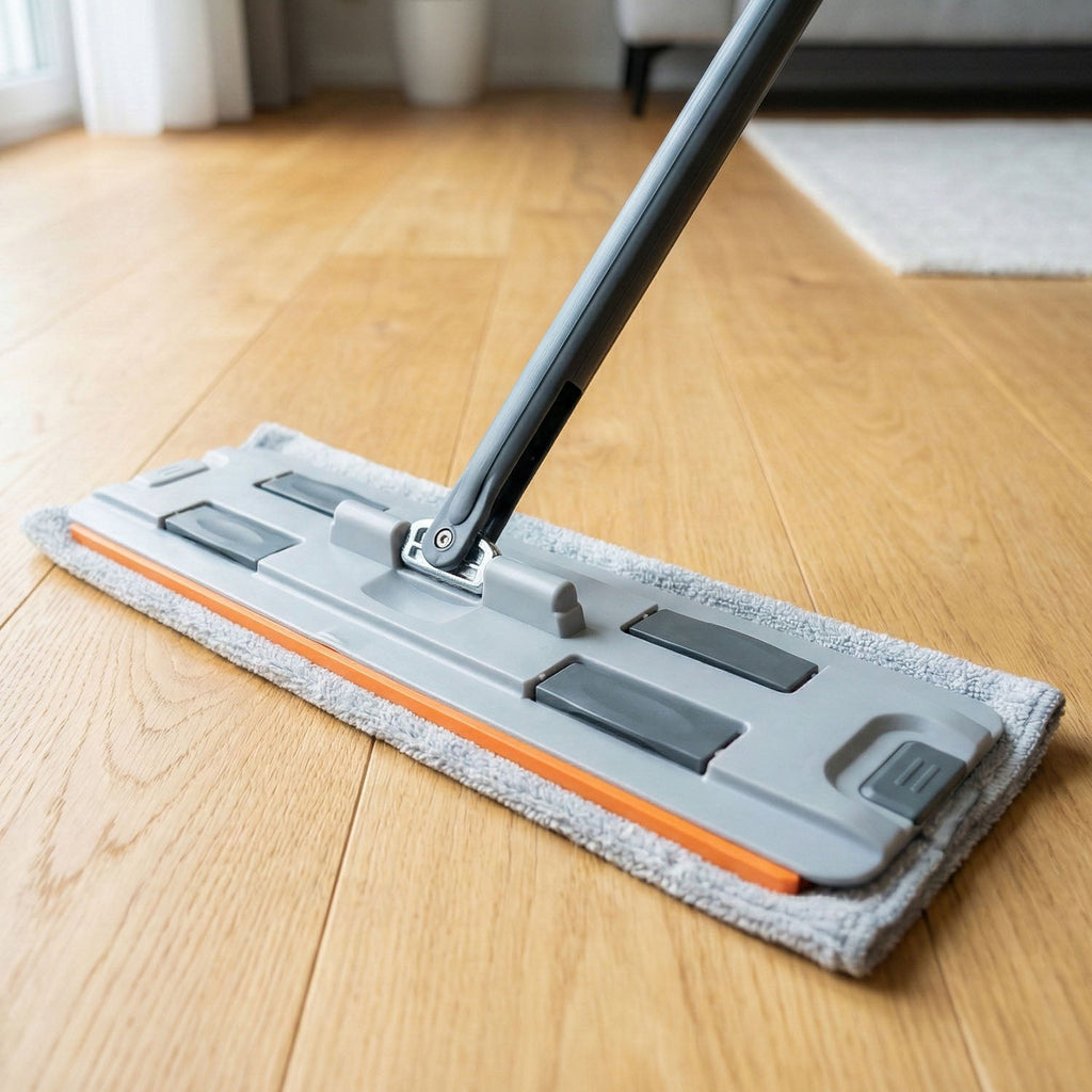 Wide flat mop head designed for maximum floor coverage and quick cleaning