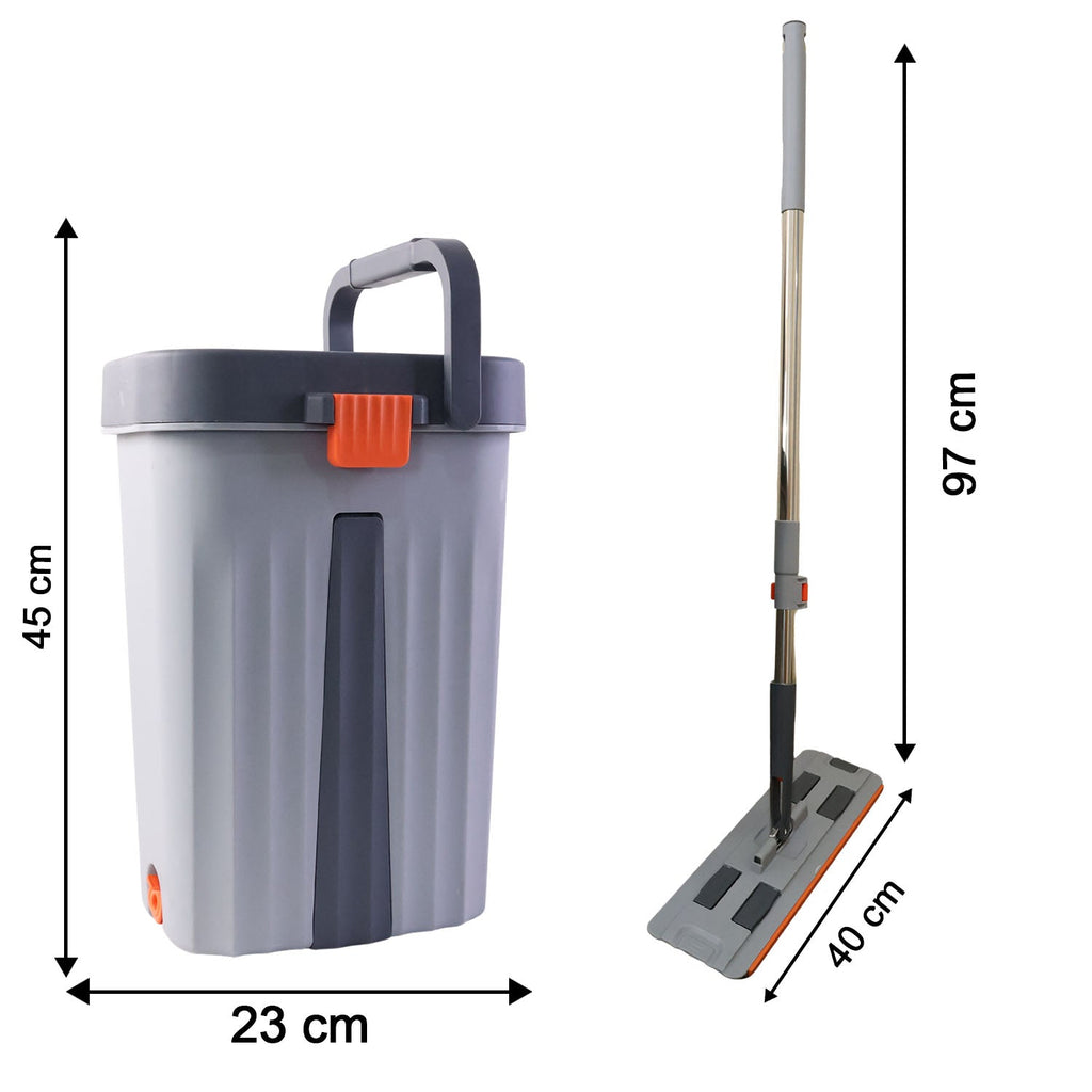 Flat mop with bucket set displaying big size mop and wringer bucket for household use