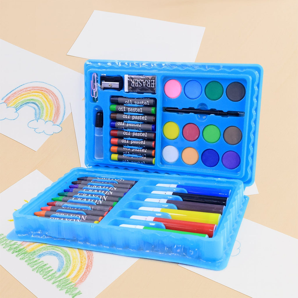 Open kids art set featuring watercolors, brush, and sketch pens with space-themed case
