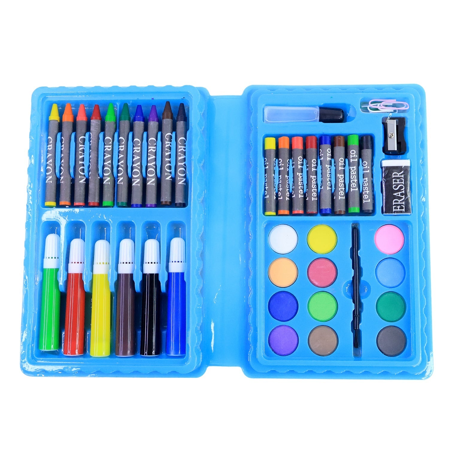 Art and craft box with colorful drawing and painting materials for kids