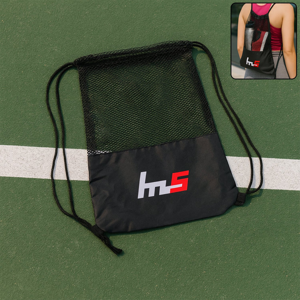 Mesh Drawstring Gym Sack with breathable net top and water-resistant base.