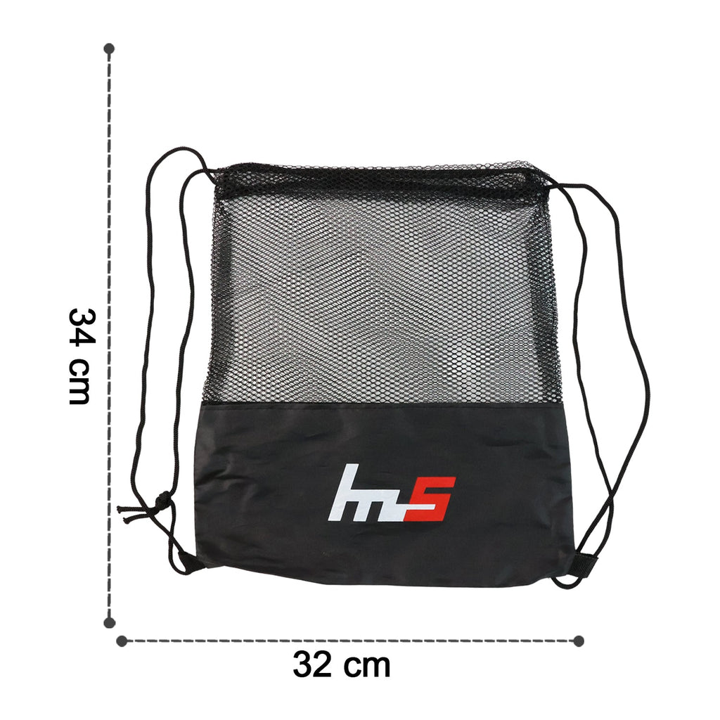 Dimensions of the foldable mesh drawstring gym sack for easy storage.