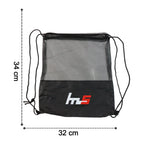 Dimensions of the foldable mesh drawstring gym sack for easy storage.