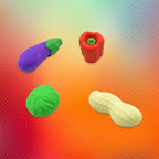 Collection of mini vegetable erasers like carrot and corn, ideal pencil rubbers for children.