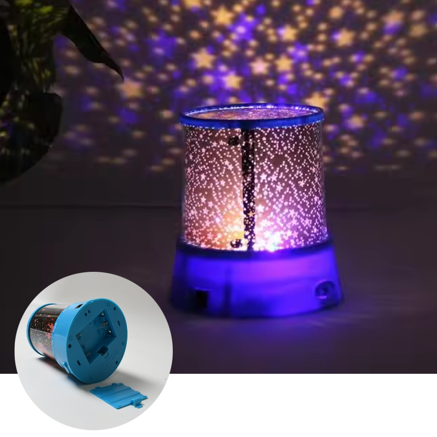 Close-up view of the Star Projector Night Light's top, showing intricate star and moon cutouts.